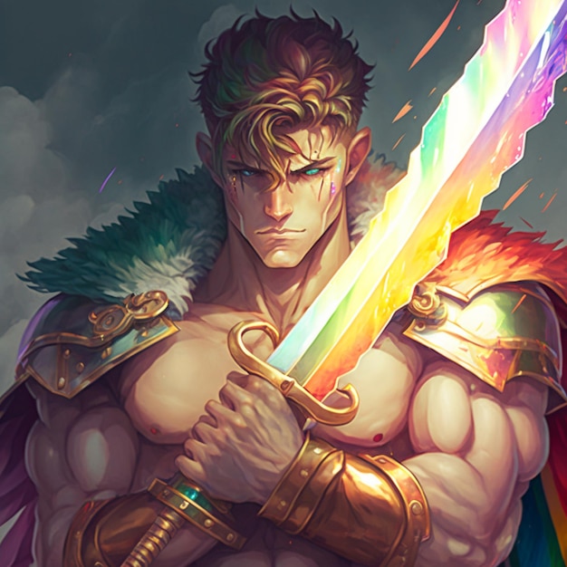 A man with a rainbow sword in his hand.