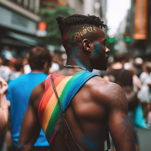 A man with a rainbow tattoo on his back