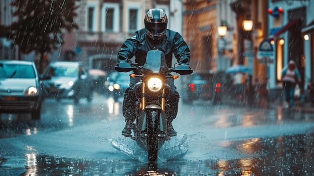 A man with a raincoat rides a motorcycle on the street in the heavy rain Generative AI