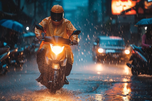 A man with a raincoat rides a motorcycle on the street in the heavy rain Generative AI