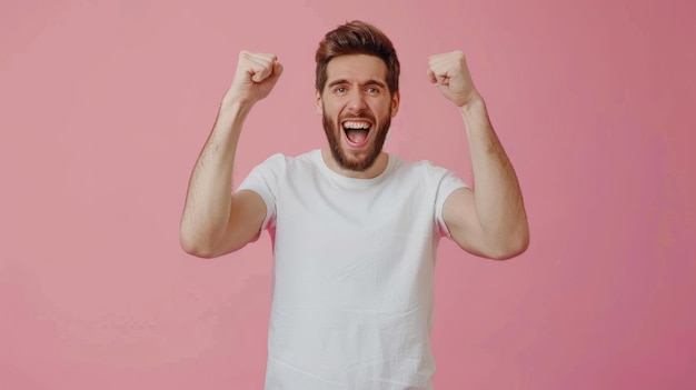 A man with raised fists celebrates joyfully