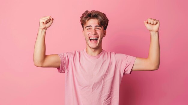 A man with raised fists celebrates joyfully