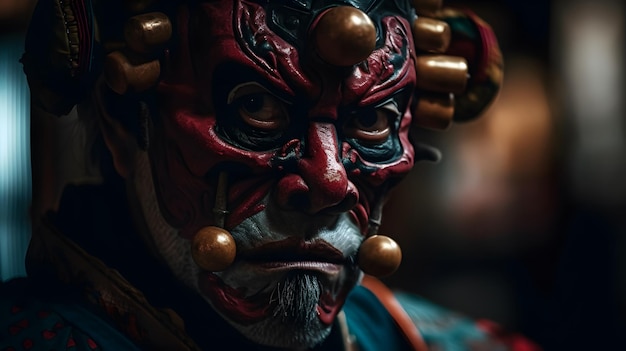 A man with a red face and a red face with the word hanfu on the front.