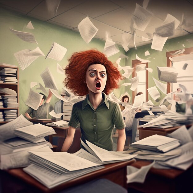 Photo a man with a red hair in a green shirt is in a messy office with many papers on the desk