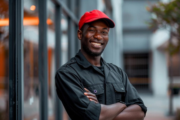 Photo a man with a red hat and black shirt is smiling