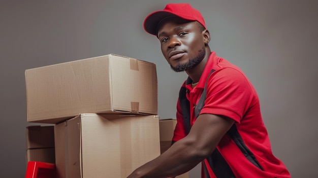 a man with a red hat is carrying boxes