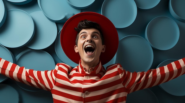 Photo a man with a red hat is laughing and wearing a red striped shirt