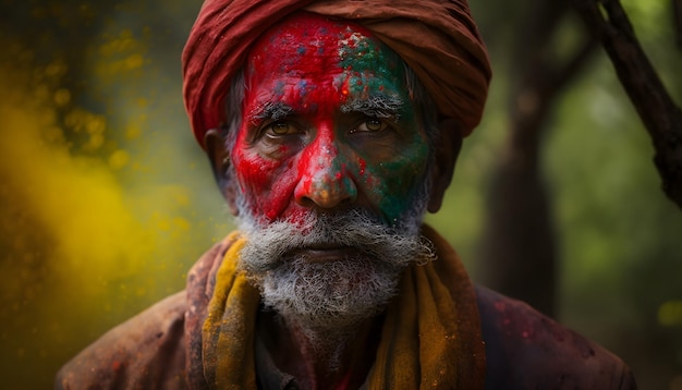 A man with a red headdress and a turban is standing in front of a tree.