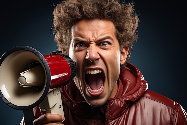 Photo man with red jacket holding red and white megaphone generative ai