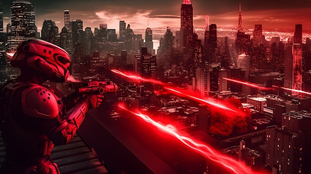 A man with a red light sword is standing on a ledge in front of a cityscape.