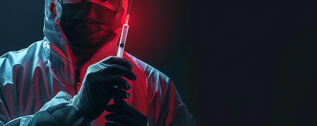 a man with a red mask holding a syringe in his hand