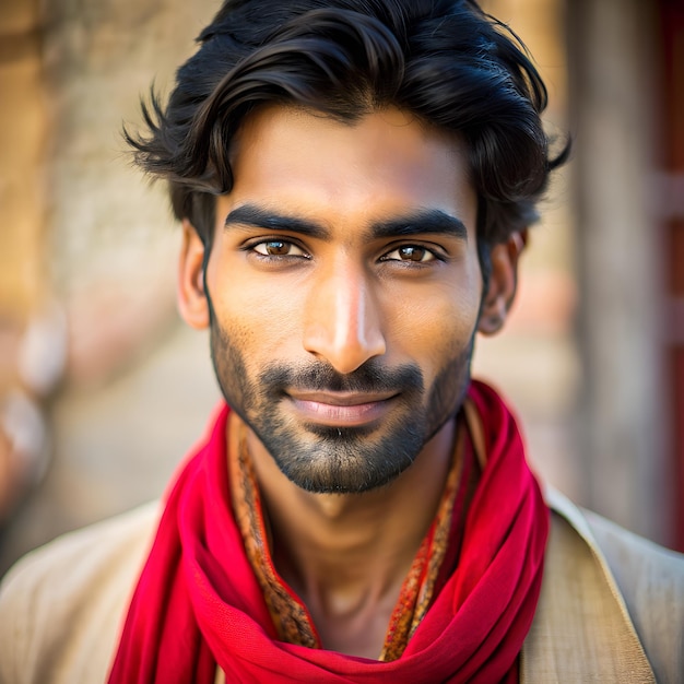 a man with a red scarf that says  the word  on it