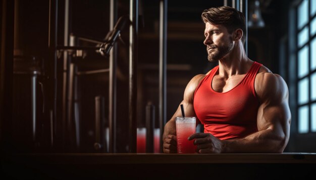 a man with a red shirt and a drink in front of him