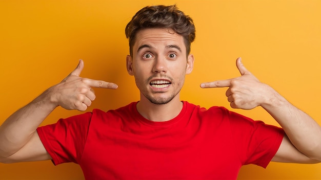 Photo a man with a red shirt that says he is pointing his finger