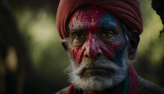 A man with a red turban and a red turban looks into the camera.