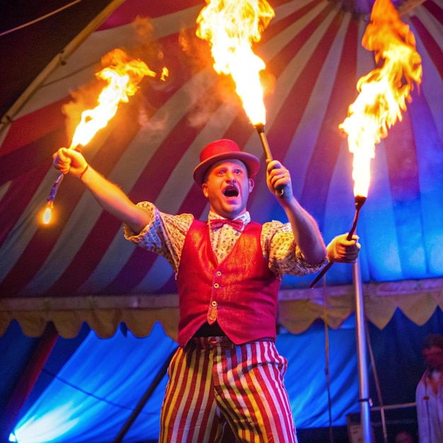 Photo a man with a red vest holds fire sparklers in his hands