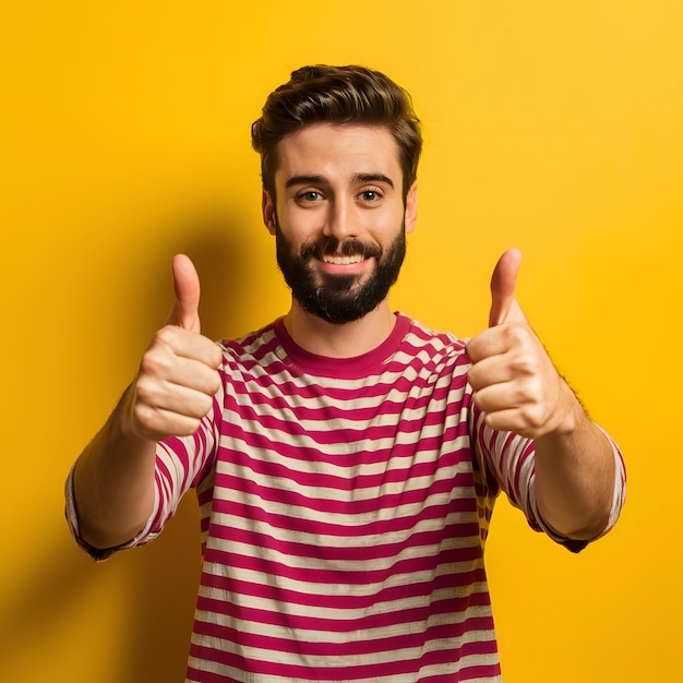 a man with a red and white striped shirt giving the thumbs up