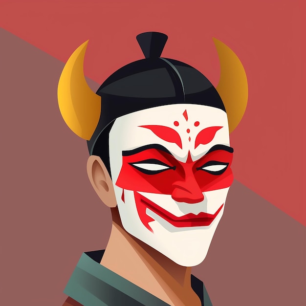 A man with red and yellow makeup and a red mask with horns.