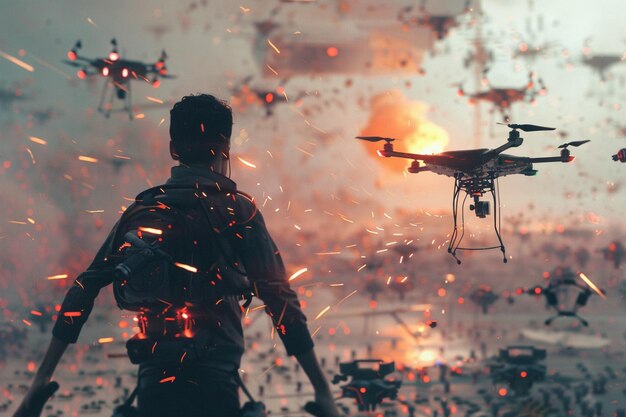 Photo a man with a remote control in his hand stands in front of a burning background