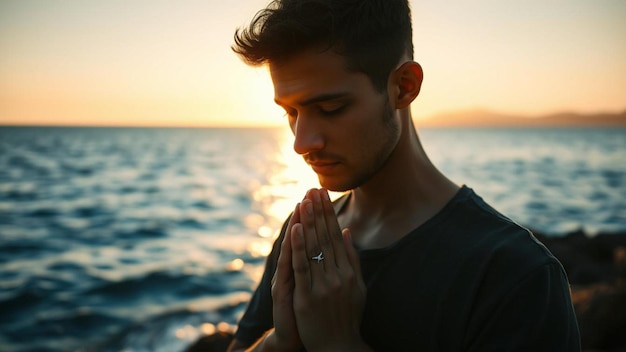 Photo a man with a ring on his neck is praying