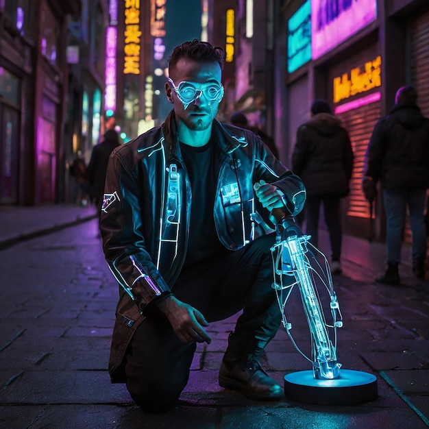 a man with a robot on his knee sits on a sidewalk