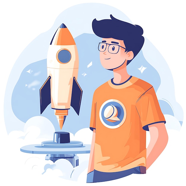 Man with Rocket Illustration for Startup and Business Success