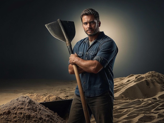 Photo a man with a sand shovel arms folded with a slight lea_0