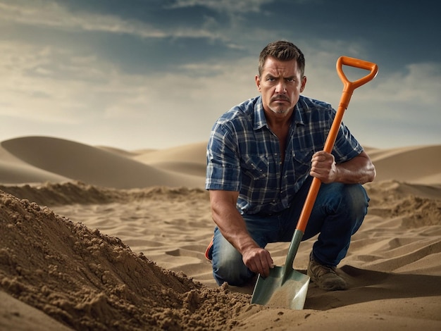 Photo a man with a sand shovel leaning forward with elbows o_2