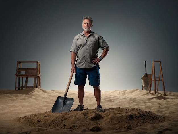 Photo a man with a sand shovel standing with arms crossed an_0