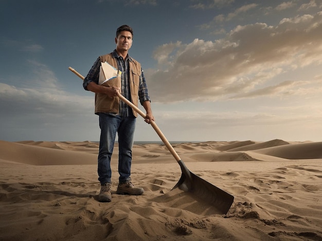 Photo a man with a sand shovel standing with a box of suppli_3