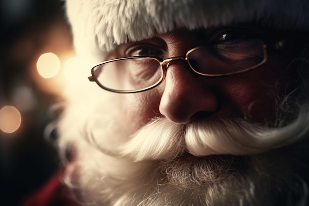 A man with a santa hat and glasses looks at the camera.