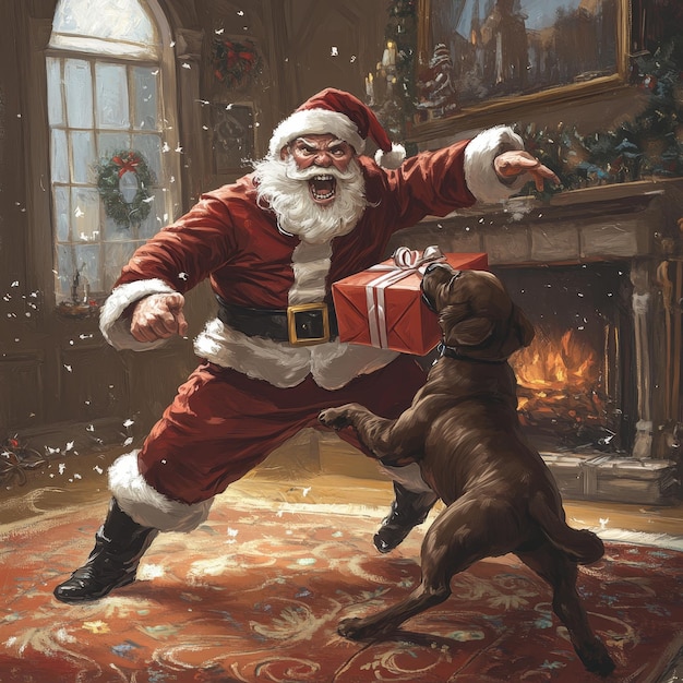 a man with a santa hat is playing with a dog