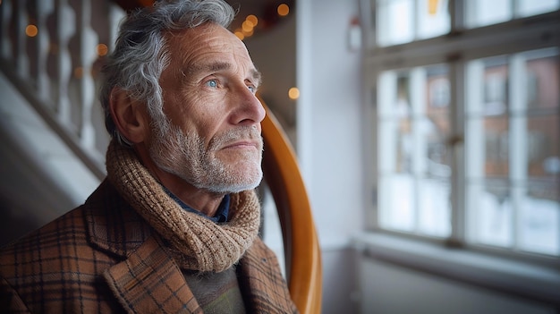 a man with a scarf on his neck is looking out a window