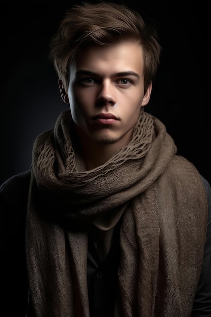 A man with a scarf on his neck stands in a dark room.