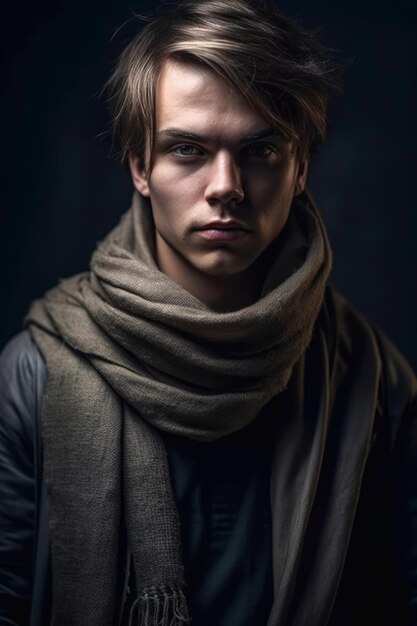 A man with a scarf and a scarf is standing in front of a dark background.