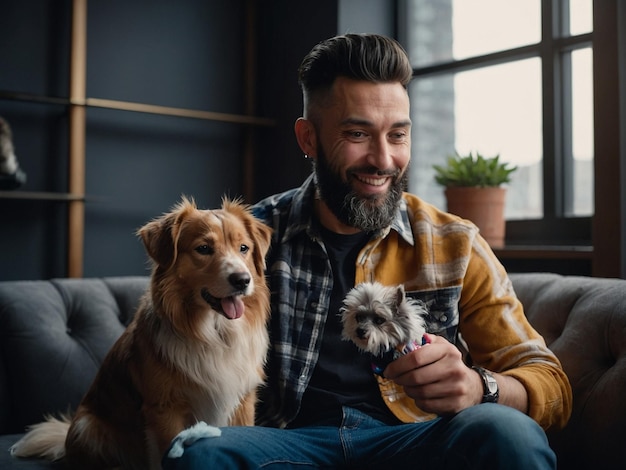 Photo a man with a selfkindness sitting with a pet toy and a_3