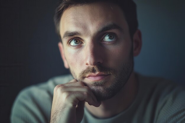 Photo a man with a serious expression gazes thoughtfully lost in contemplation against a softly lit background generative ai