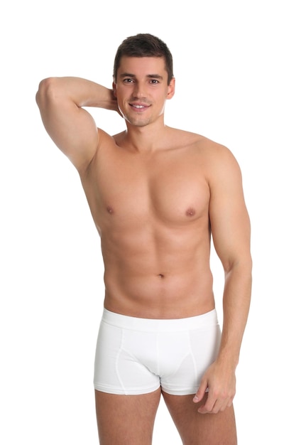 Man with sexy body on white background