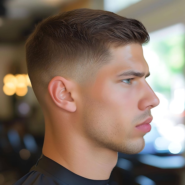 Photo a man with a shaved head and a black shirt with a red spot on the side