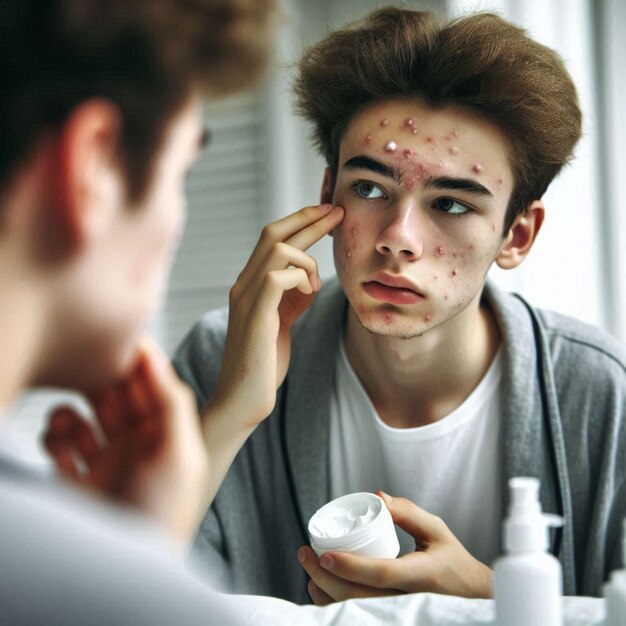 Photo a man with a shaving cream on his face is looking at his reflection