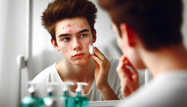 Photo a man with a shaving cream on his face looks into the mirror