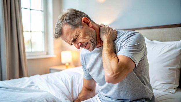 Photo a man with a shirt on his neck is bent over his shoulder