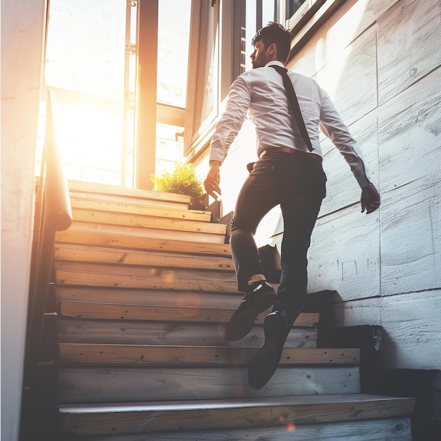 Photo a man with a shirt that says  he is going up stairs