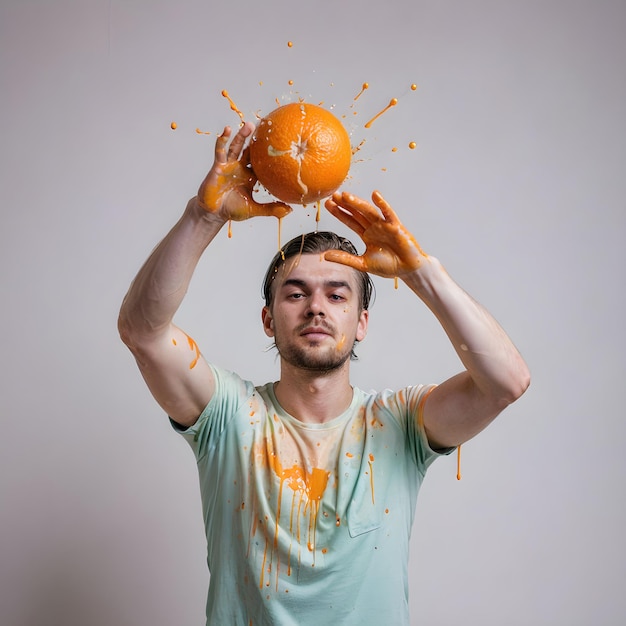 a man with a shirt that says pumpkin on his head