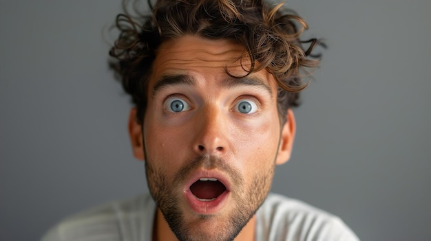 Man with shocked amazed expression isolated on gray background