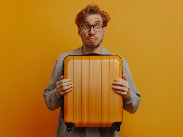 Photo man with a shocked face holds a suitcase with in his hands themed background bright