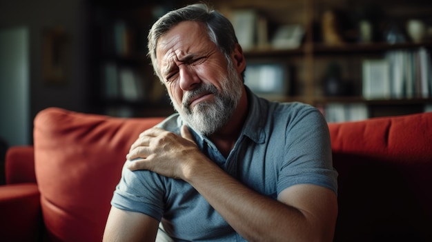 Man with shoulder and hand pain sits on the couch at home