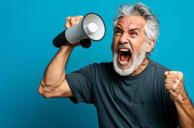 Photo man with shouting in megaphone eing excited and angry clenching fist standing over blue background