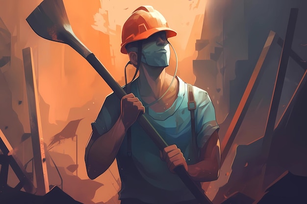 A man with a shovel and a hard hat depicted in an illustration Generative AI