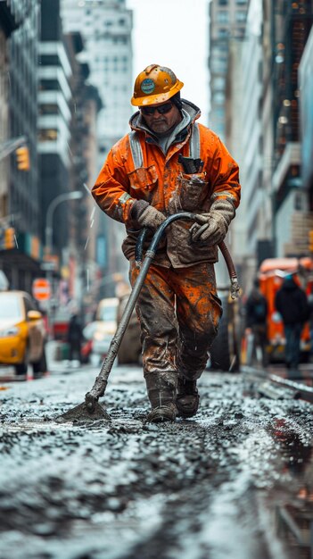 a man with a shovel is walking on a street